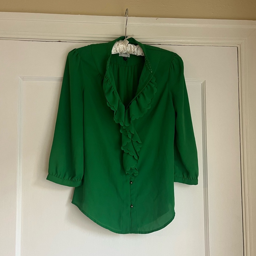 Anthropologie Green Ruffle Top 0